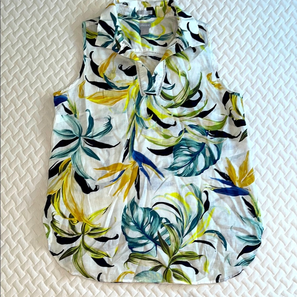 Chico's Tropical Print Sleeveless Blouse - Green, Yellow, Blue